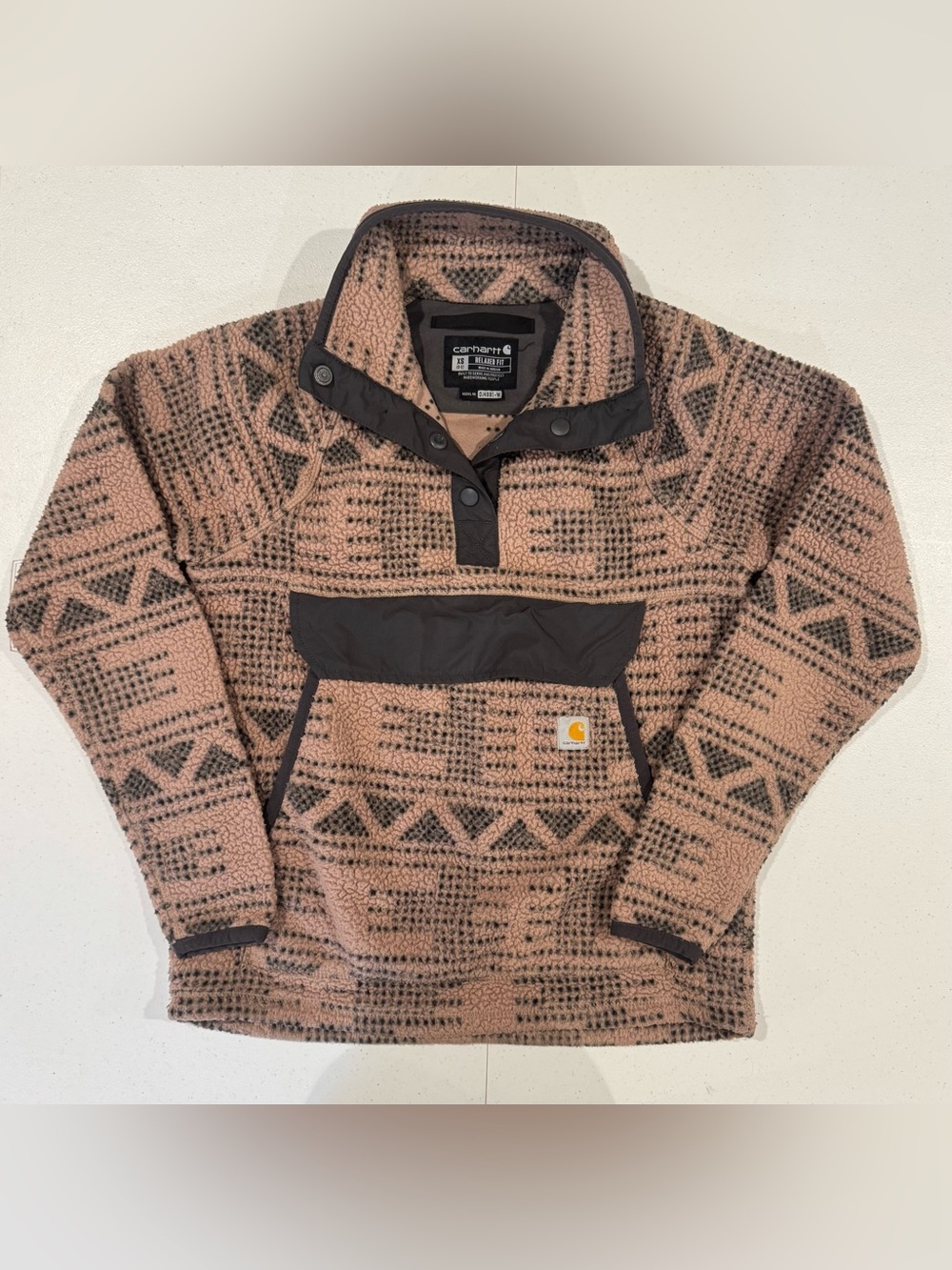 Carhartt Women's Relaxed Fit Fleece Pullover Warm Taupe Geo Aztec size XS extra